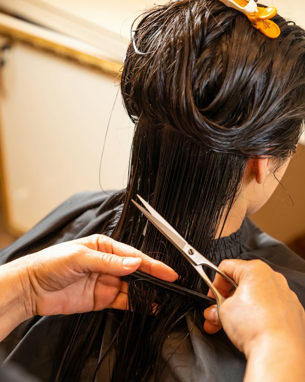 Friseurin schneidet nasses dunkles Haar mit der Schere.
